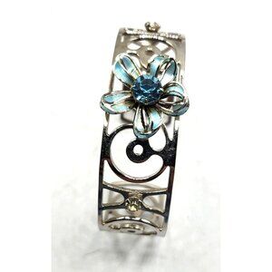 Open Work Silver Tone White Enamel Aqua Crystal Rhinestone Cuff Bracelet